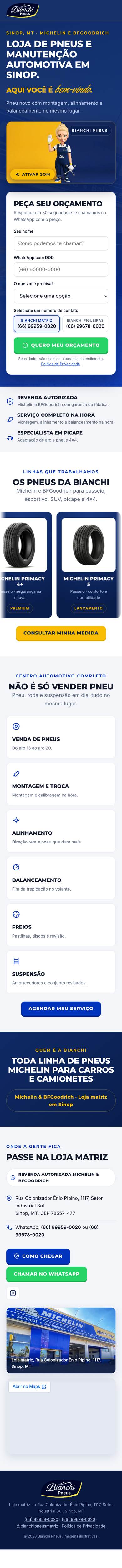 Página completa do site da Bianchi Pneus no celular