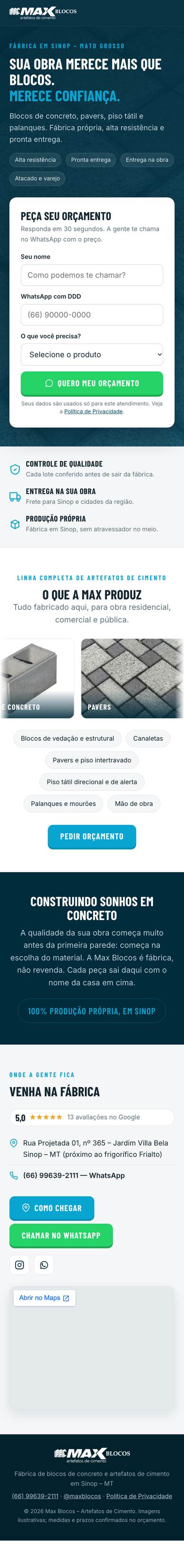 Página completa do site da Max Blocos no celular